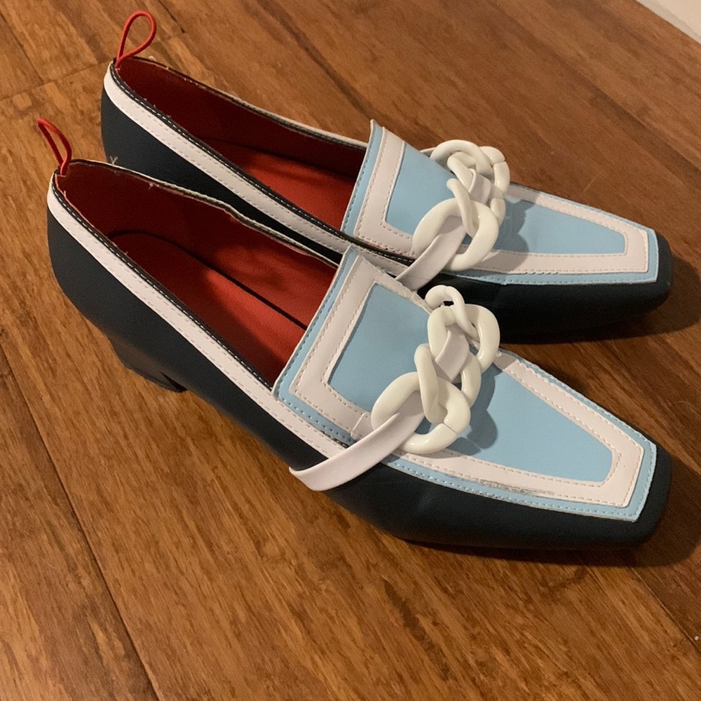 Blue chunky heeled loafers